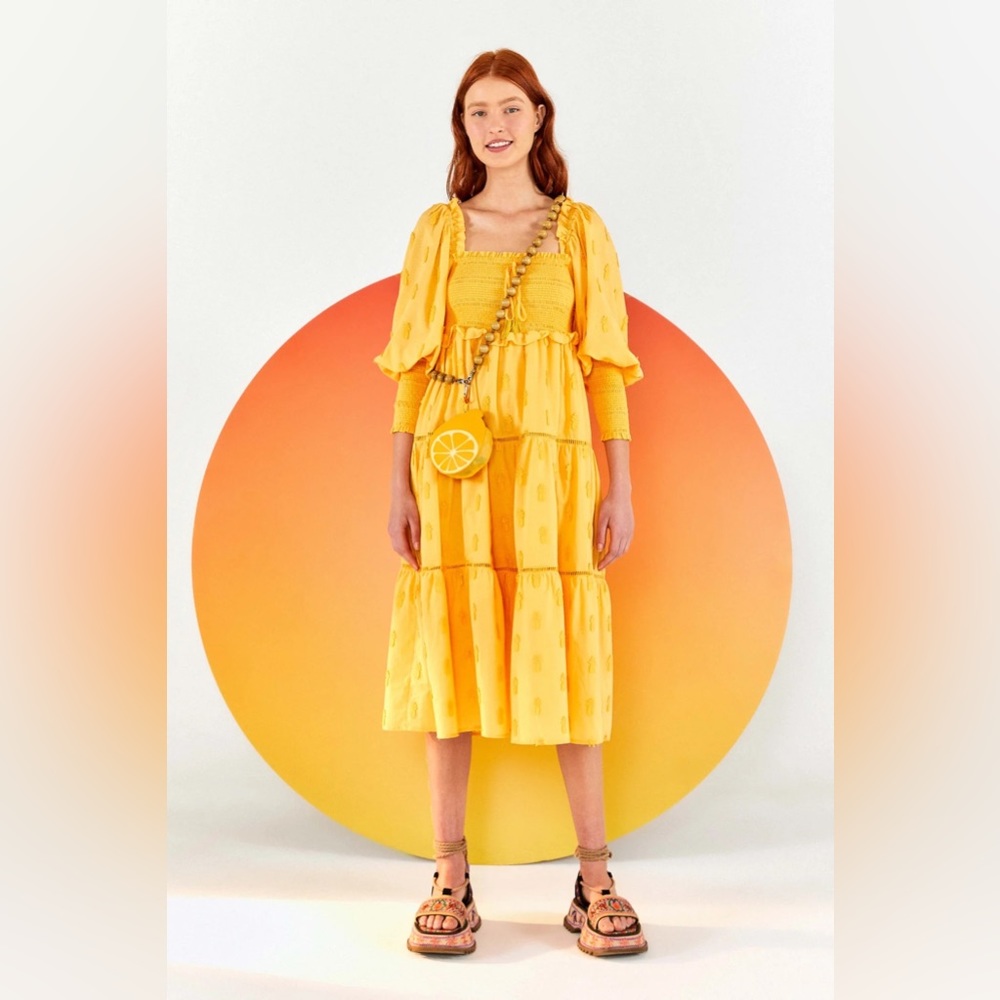 🥭 FARM RIO Yellow 3D Pineapple Tiered Midi Dress